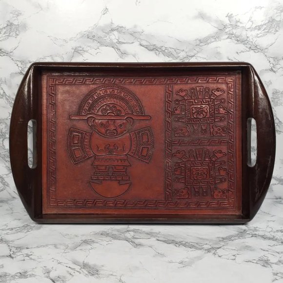 Handmade Wood Embossed Leather Mayan Serving Tray Vintage - Picture 1 of 10